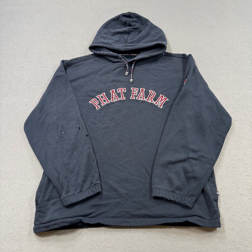 Y2K Phat Farm Hoodie Men's XL Black Fleece Lined Loose Fit Grunge Streetwear